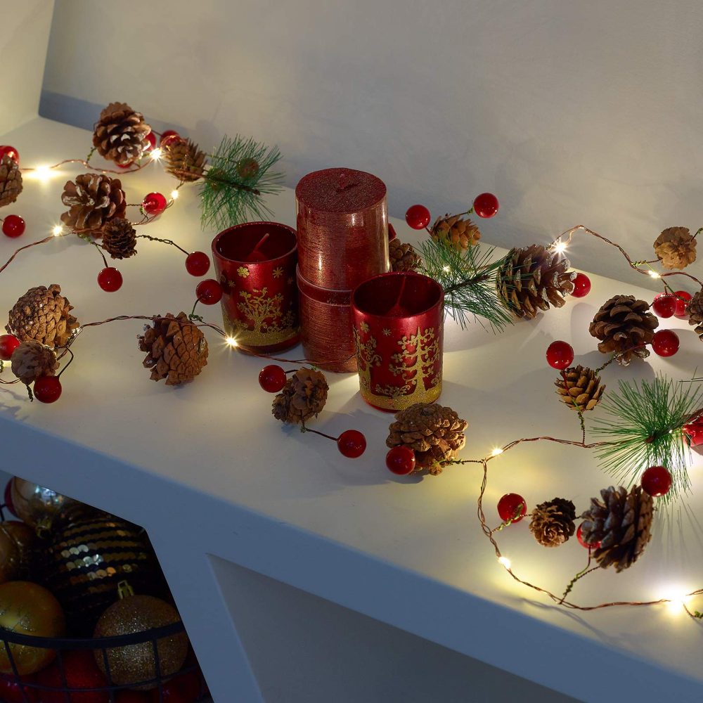GloBrite Christmas Garland with Lights - 2 Meters, 20 LED Christmas Lights, Christmas Garlands for Indoor, Table, Fireplace, Christmas Door Garland, Xmas Garland, Christmas Decorations, Warm White