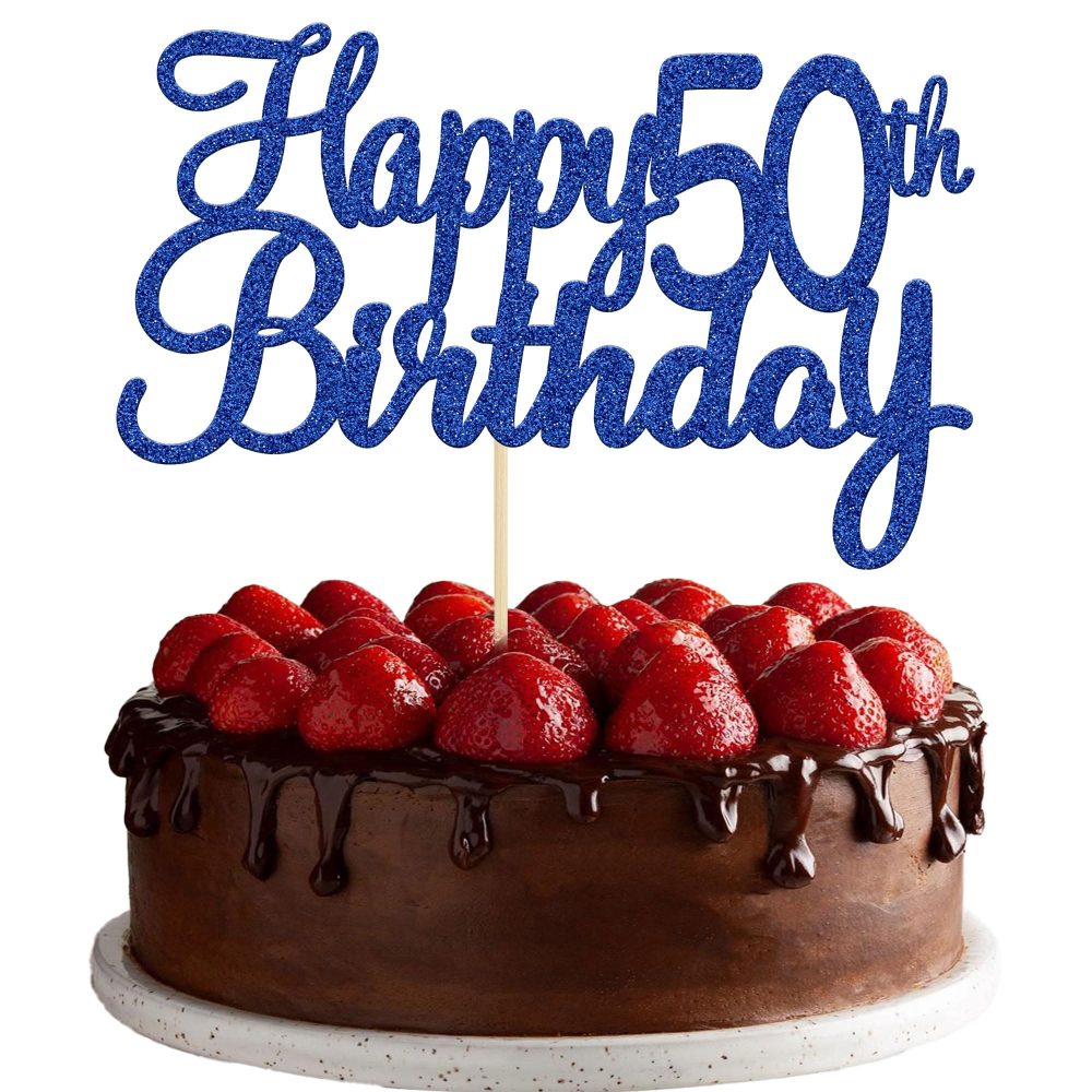 Gyufise 3Pcs Happy 50th Birthday Cake Topper Blue Glitter 50th Birthday Cake Pick Cheers to 50 Years Old Fifty and Fabulous Cake Decorations for 50th Birthday Wedding Anniversary Party Supplies