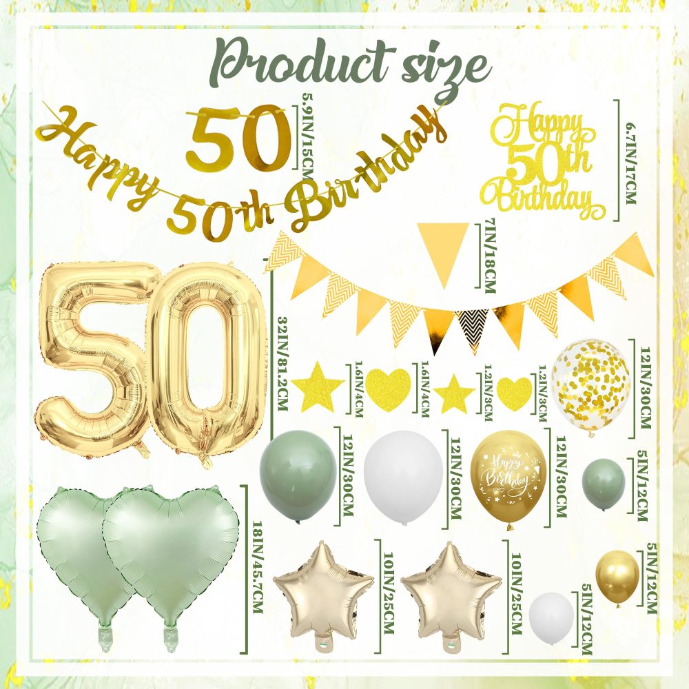 50th Birthday Decorations Women Men - Green Gold Birthday Party Decoration Balloons Set with Banners Paper Pom Confetti Latex Balloon Happy 50th Birthday Cake Toppers for 50 Years Birthday Supplies - Image 6