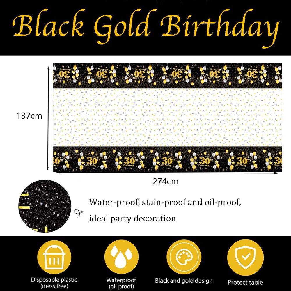 Happy 30th Birthday Black Gold Table Cloth Cover Party,137*274cm 30th Birthday Table Decorations for Boys,Girls,Men,Women,Him,Her,Rectangular Plastic Tablecloth for 30th Birthday Party Supplies Decor - Image 5