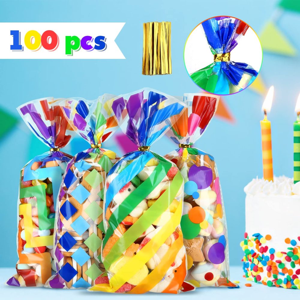 Kesote 100Pcs Rainbow Cellophane Party Bags with Twist Ties 4 Patterns Sweet Bags Cellophane Treat Bags for Birthday Party Wedding Baby Shower, 27 x 13cm - Image 7