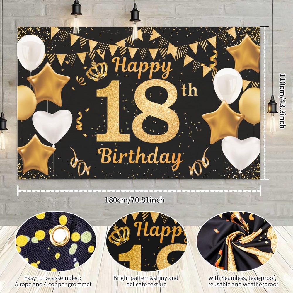 Happy 18th Birthday Banner 18th Photo Backdrop Black Gold Birthday Party Background Supplies Backdrop Props, Birthday Decorations for Men and Women 18th Backdrop Banner Photo Booth Sign 180×110cm - Image 4