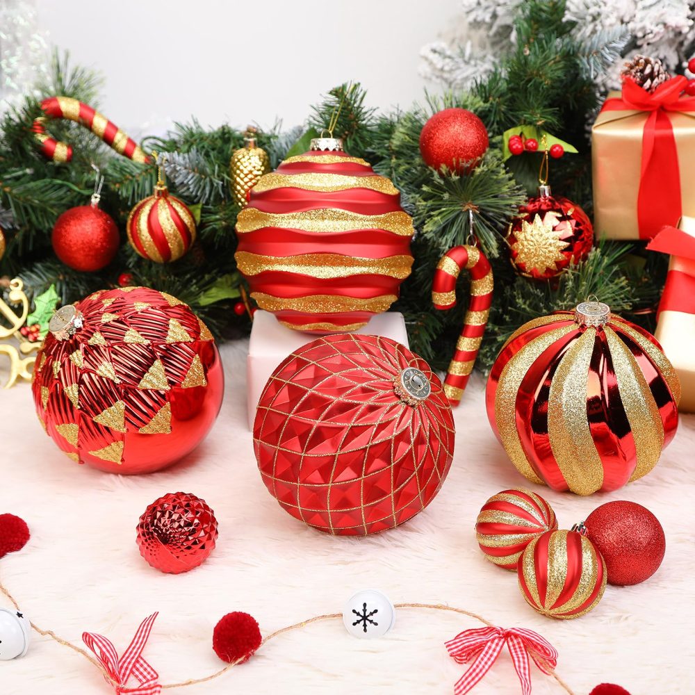 Alupssuc 4Pcs Christmas Tree Decorations, Shatterproof Christmas Hanging Balls Set with Hooks for X-mas Party Wedding Holiday, Red & Gold - Image 5