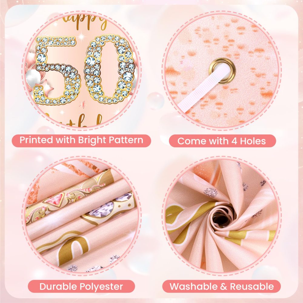 Rose Gold 50th Birthday Decorations Banner for Women, Happy 50th Birthday Door Banner with 18pcs 50th Balloons for Women 50th Birthday Anniversary Party Backdrop Decor Supplies Sign Porch Background - Image 3