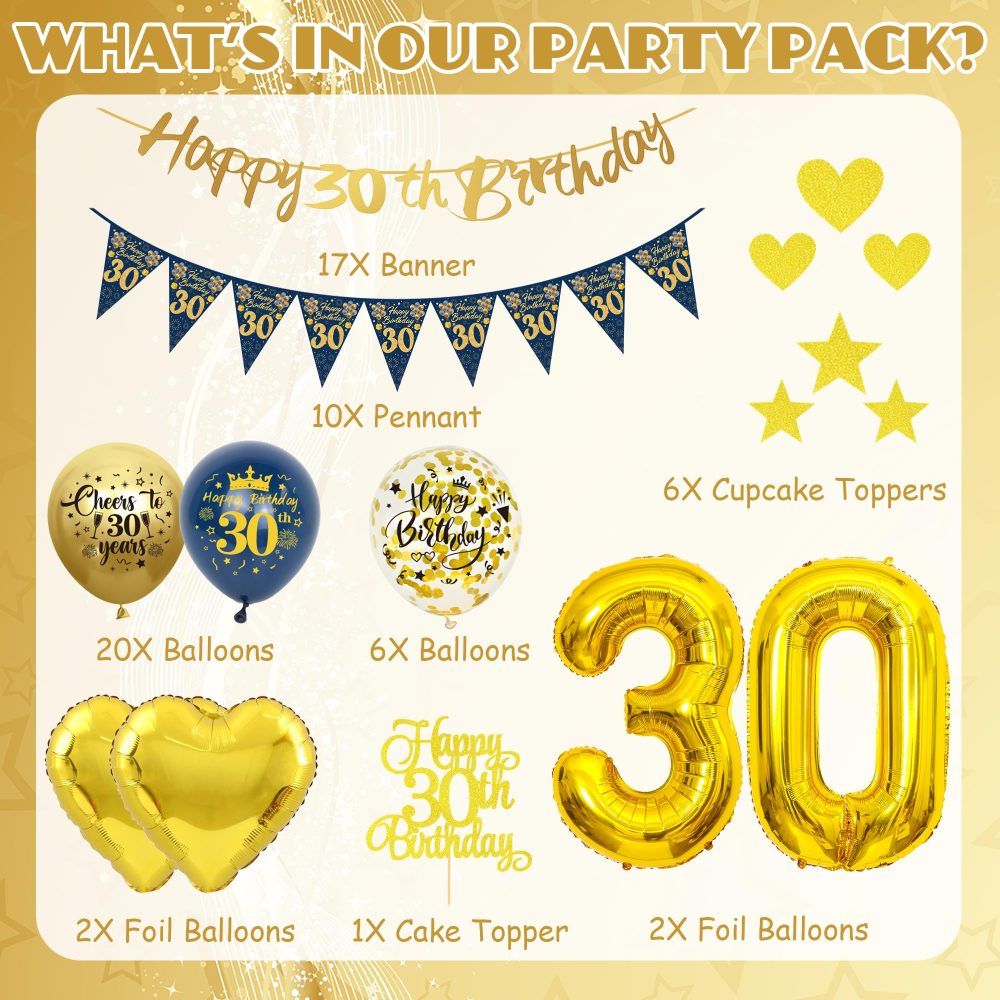 30th Birthday Decorations for Men - Blue and Gold 30th Birthday Banners Pennant Cake Topper Latex Balloon Number Balloon Heart Foil Balloon Suitable for 30th Birthday Party Supplies - Image 7