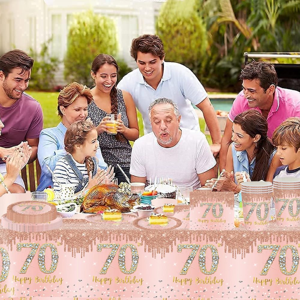 69pcs Rose Gold 70th Birthday Decorations,Happy 70th Birthday Tablecloth,Paper Plates,Napkins Serviettes and Cups Sets for 70th Birthday Table Decorations for Women,Men,Him,Her 70th Birthday Gifts - Image 5