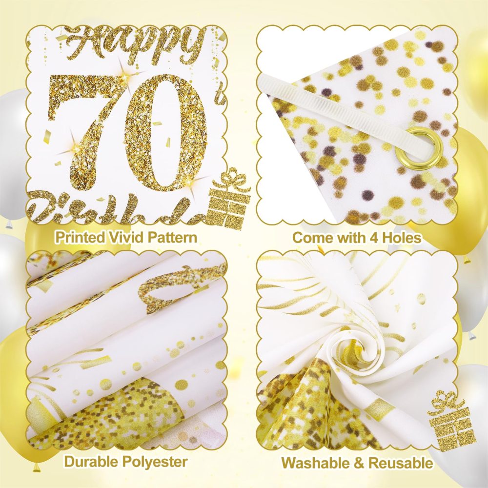 70th Birthday Decorations Banner for Women Men White Gold Happy 70th Birthday Banner Backdrop for White Gold 70th Birthday Party, 70th Anniversary Decorations 72x43 inch - Image 5