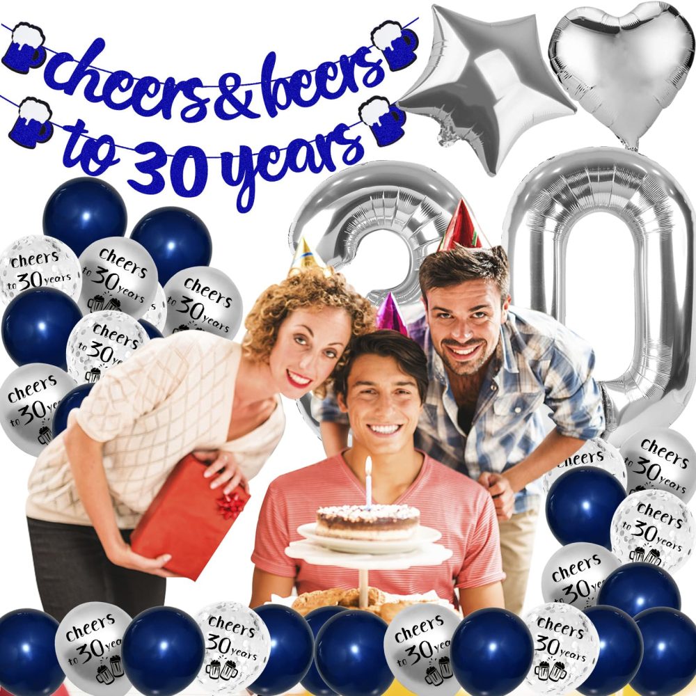 30th Birthday Decorations, 30th Birthday Decorations for Men, Happy 30th Birthday balloons with Navy Blue Cheer to 30 Years Banner, Silver Confetti Latex Balloons for Party Supplies Him Women Her - Image 4