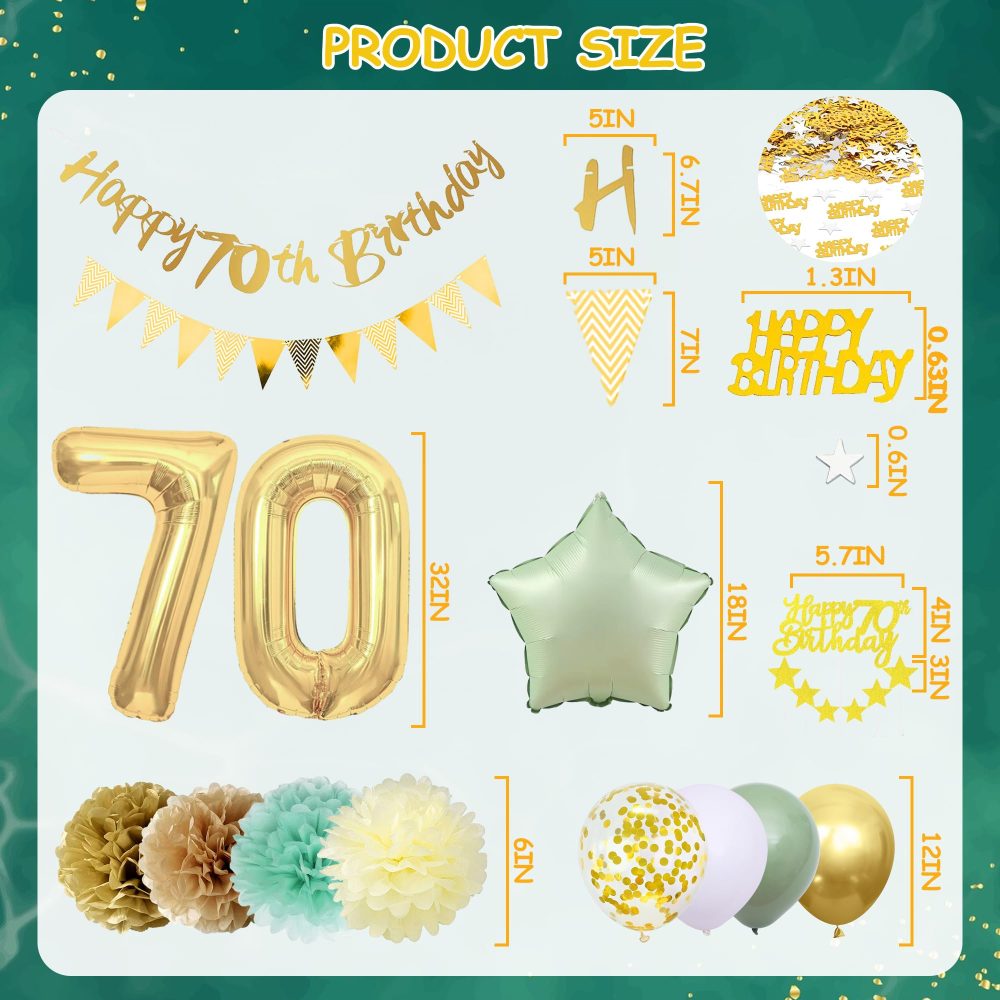 Sage Green 70th Birthday Decorations - Gold and Green 70th Party Supplies Includes Pull Flag Cake Topper Cupcake Topper Latex Balloons 70th Birthday Balloons for Women Men 70th Birthday - Image 6