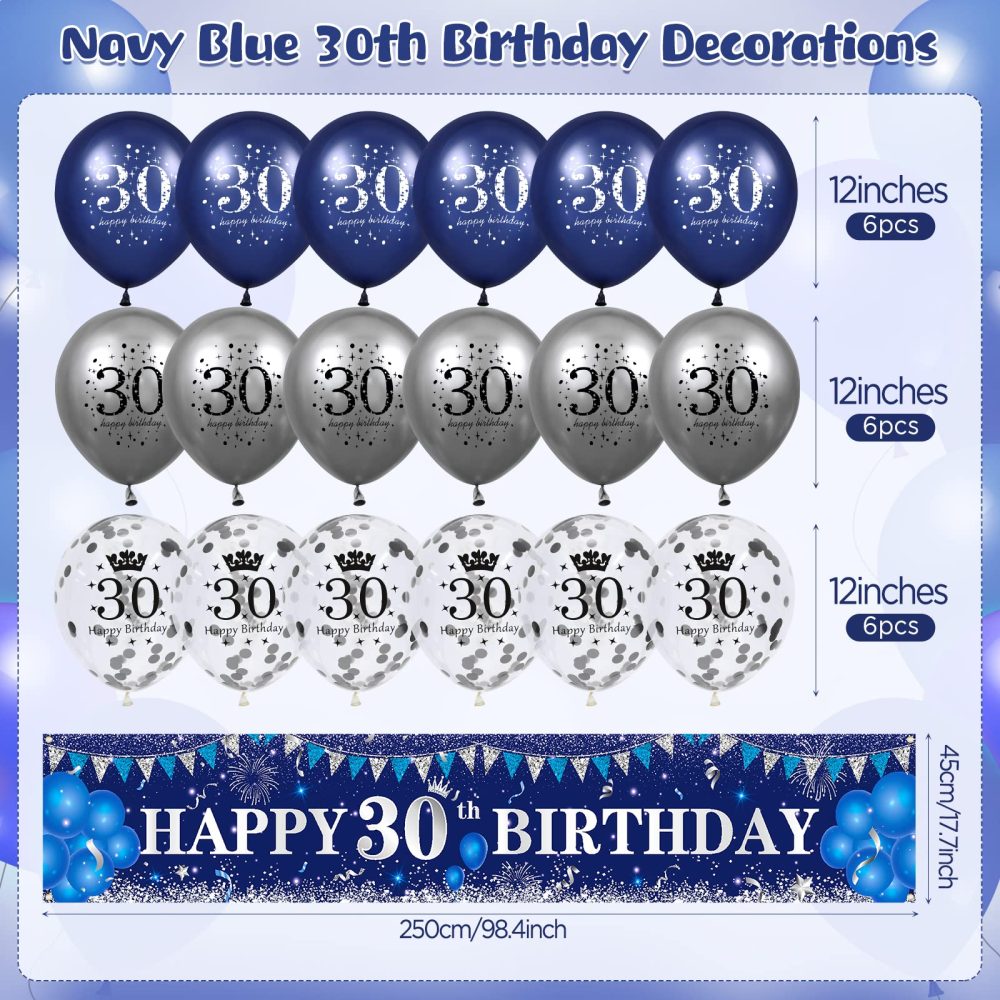 RUMIA Blue 30th Birthday Decorations for Men Women, Navy Blue Silver Happy 30th Birthday Yard Banner, Blue 30th Birthday Balloons for 30th Birthday Anniversary Party Decorations Supplies, A6X8L11 - Image 5