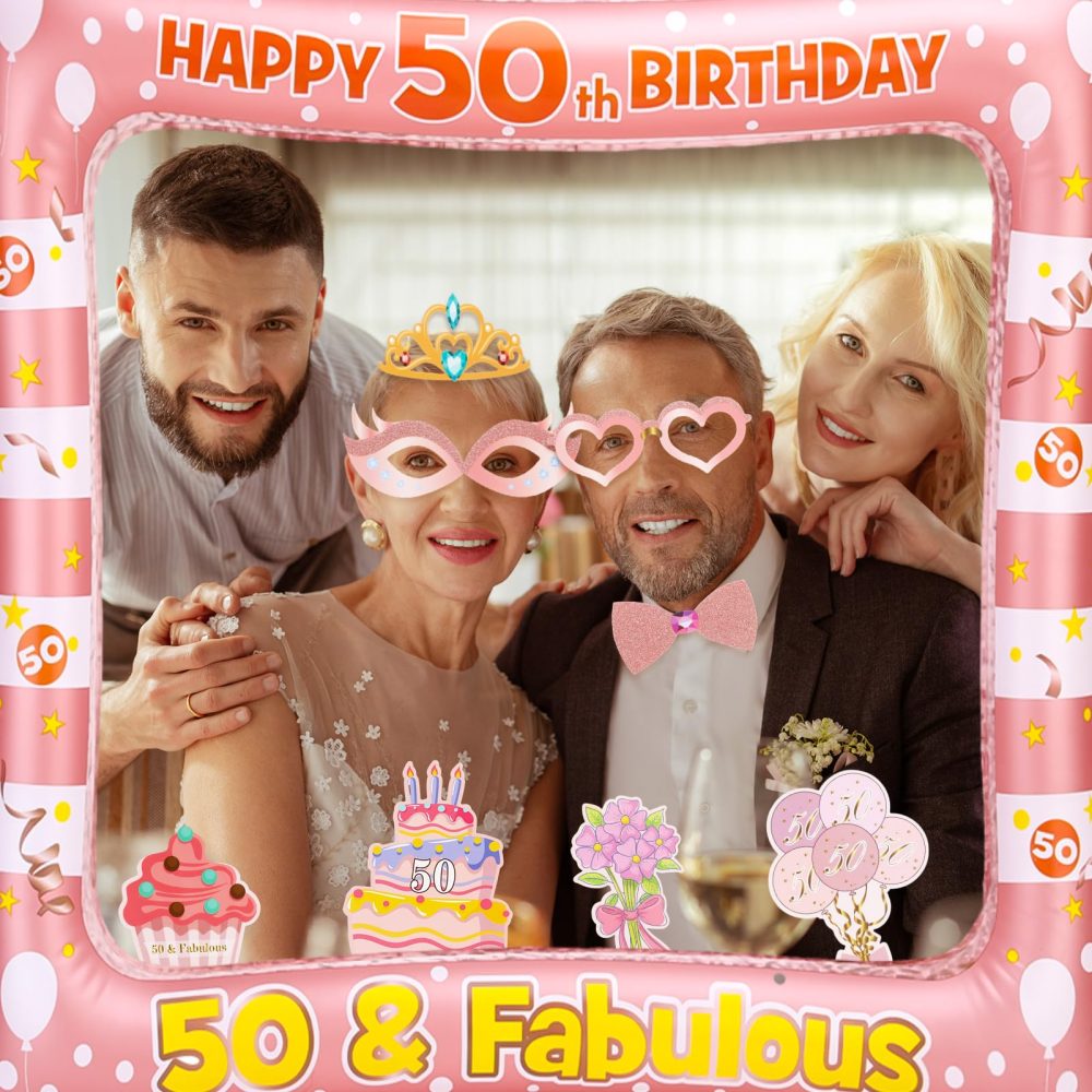 50th Birthday Photo Booth Frame and Inflatable Selfie Frame, 35 Pcs Birthday Decorations for Men Women Girls, 50th Birthday Pink Photo Booth Props, 50th Birthday Party Supplies Decor - Image 8