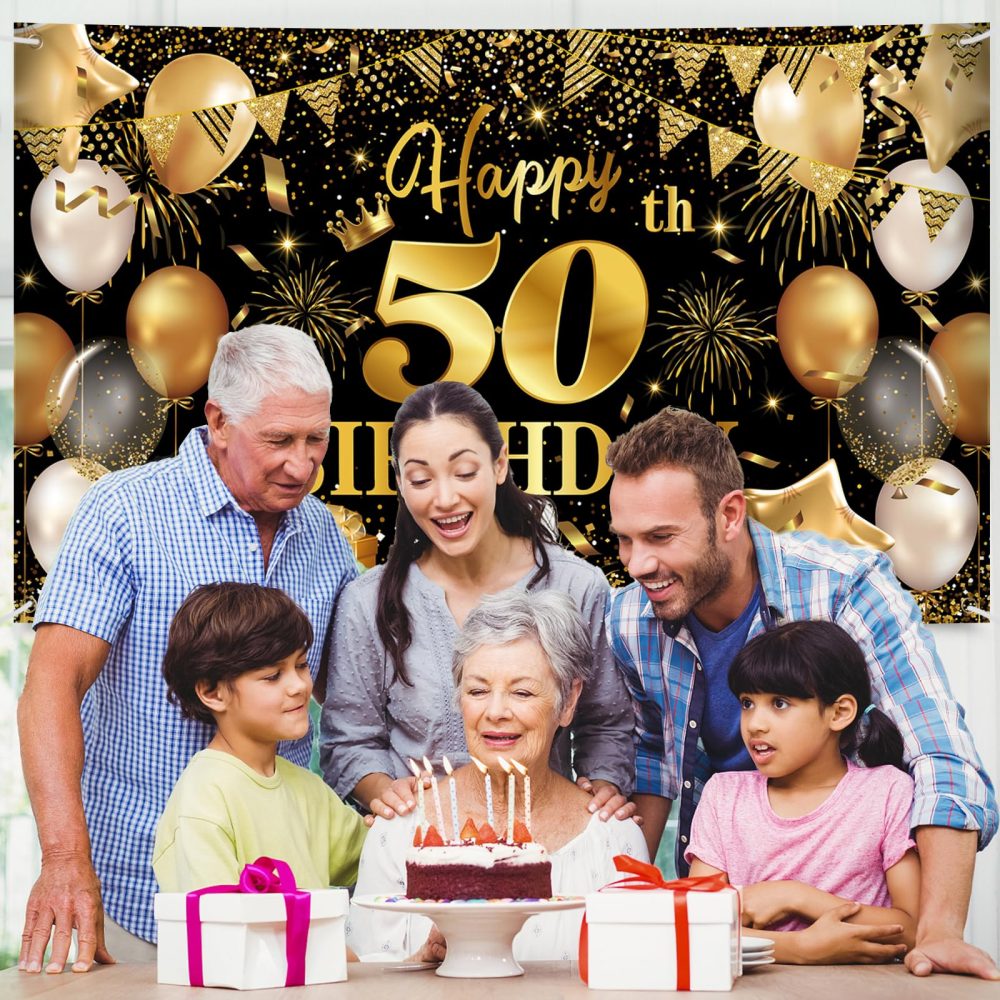 Zercart 50th Birthday Banner, Black and Gold Happy 50th Birthday Backdrop Banner,50th Birthday Party Decorations Banner for Men Women Birthday Anniversary Party Supplies (180x110cm) - Image 4