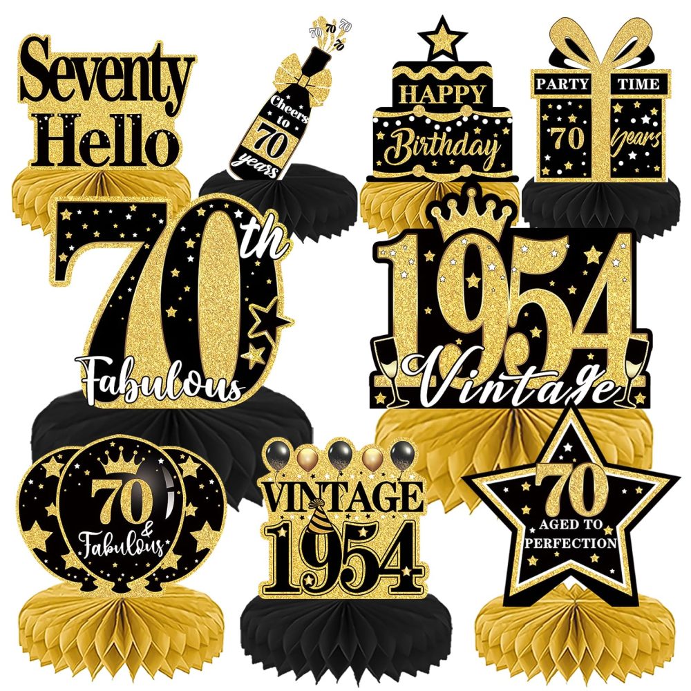Luvart 70th Birthday Decorations-Black and Gold Table Decorations for Birthday Party 9pcs 70th Birthday Decorations for Men Women Honeycomb Center Decor with Vintage 1954 Birthday Party Supplies