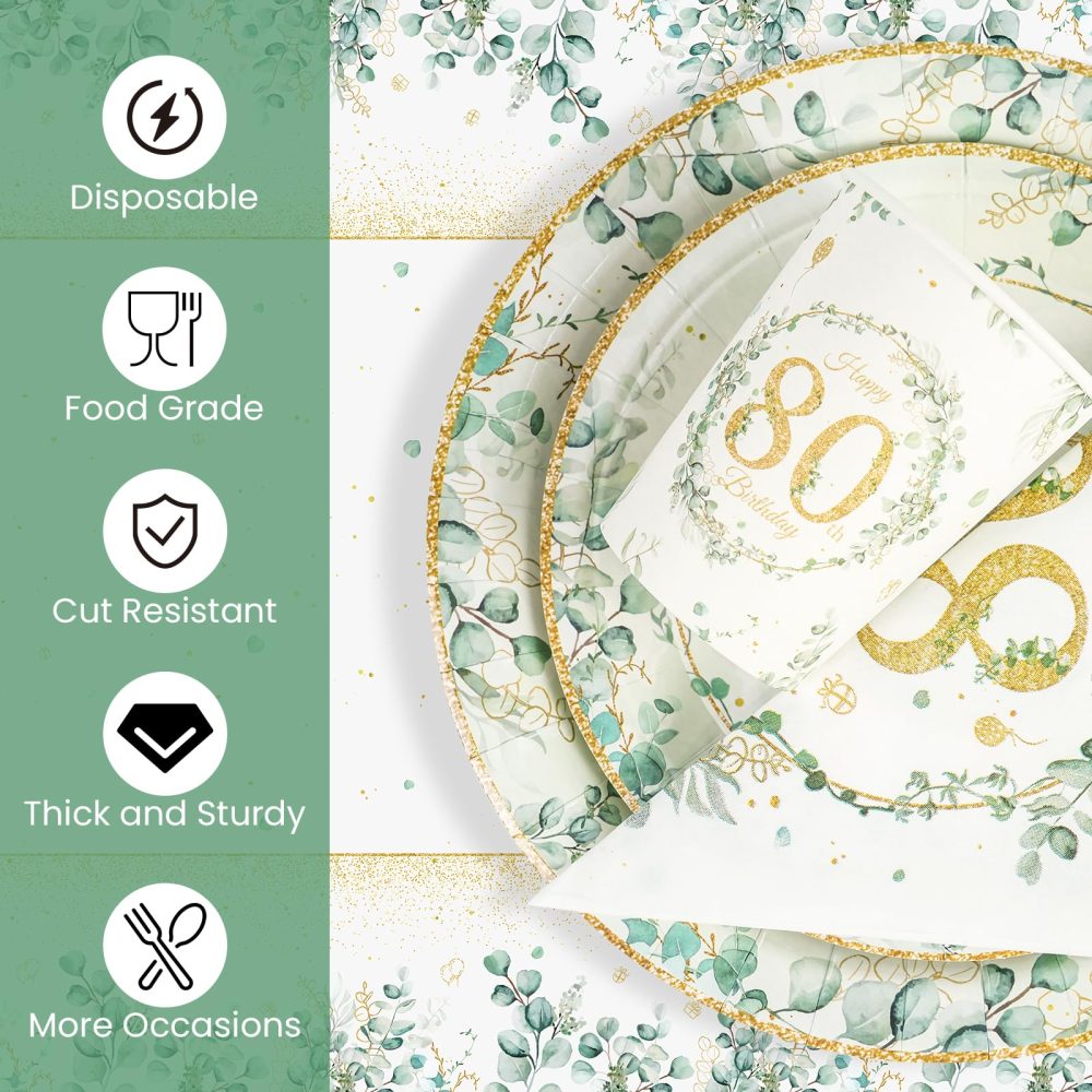 65 pcs Birthday Party Decorations,Paper Plates 7 and 9inch,Napkins Serviettes and Cups Set,Eucalyptus Tablecloth, Happy Birthday Party Tableware Table Decorations (80th) - Image 6