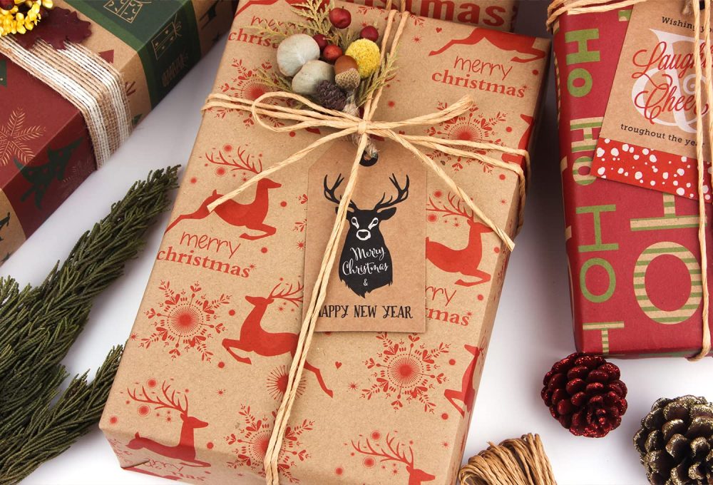 Christmas Wrapping Paper, Made from Recycled Kraft Paper, 12 Folded Sheets 70x50cm with 6 Vintage Designs (Bonus 10m Jute String and 10 Tags) - Image 2
