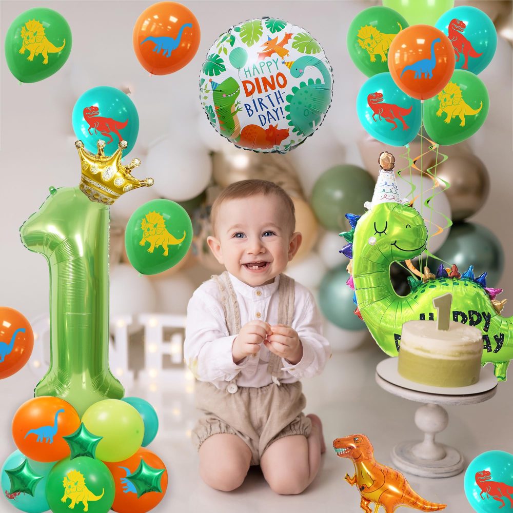 Dinosaur 1st Birthday Decorations Balloons - 25 Pieces Dinosaur Themed Decorations, Number 1 Balloon, Mini Golden Crown and Tyrannosaurus Foil Balloons, For Kid's Birthday Dino-Themed Baby Shower - Image 3
