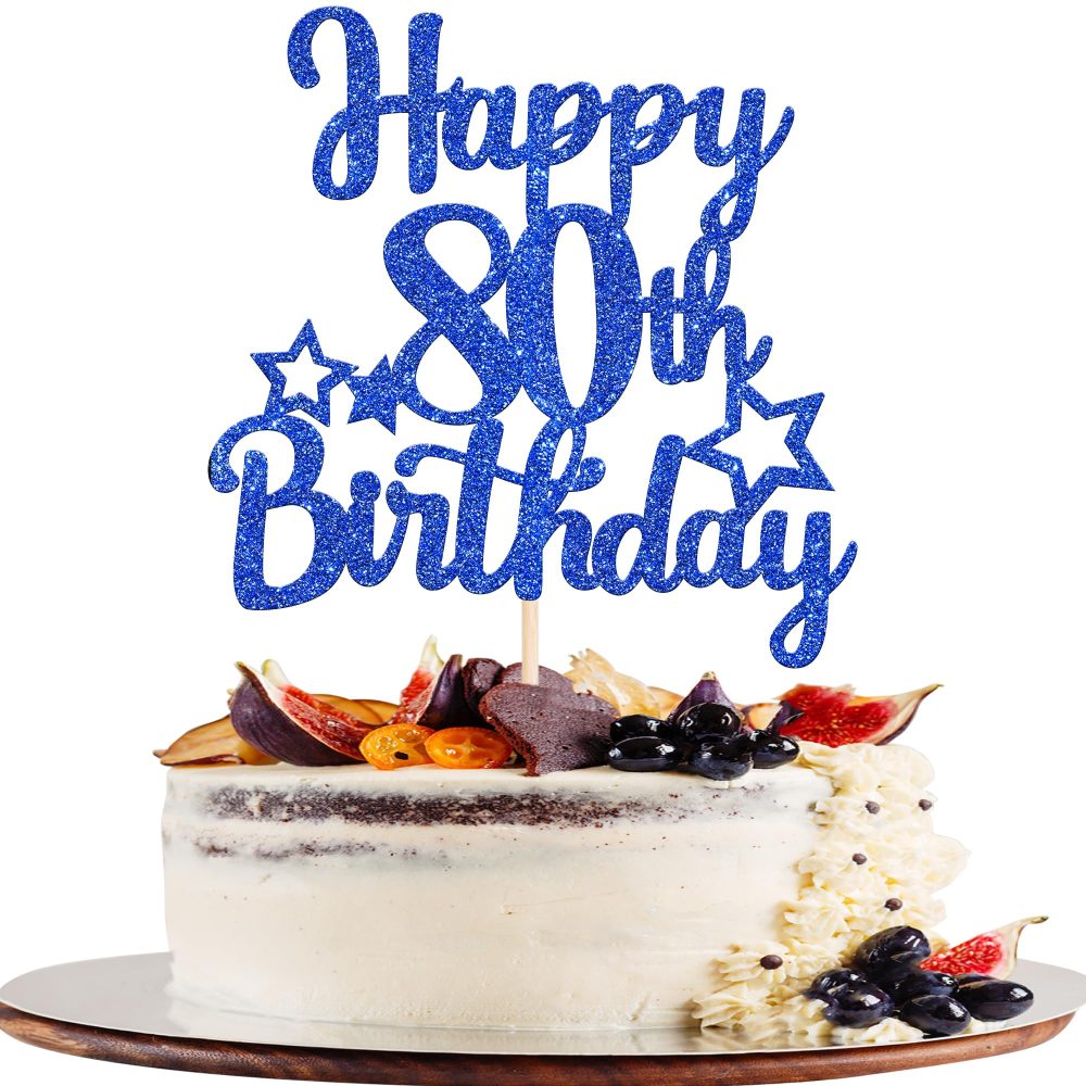 SYKYCTCY 1 Pack Happy 80th Birthday Cake Topper Glitter Little Star 80 Fabulous Cake Pick Birthday Sign Cake Decorations for 80th Birthday Theme Party Supplies Dark Blue