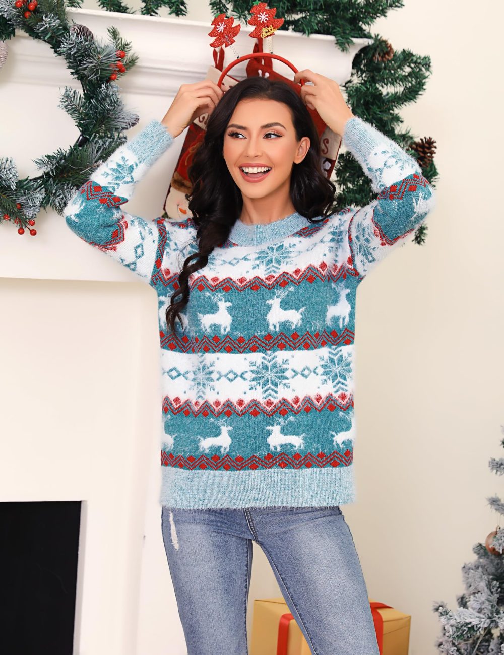 Marvmys Women Knit Sweater Jumper Long Sleeve Pullover Tops Knitwear Crew Neck Loose Warm Vintage Pullover Christmas Sweater Autumn Winter Blue-A S - Image 8