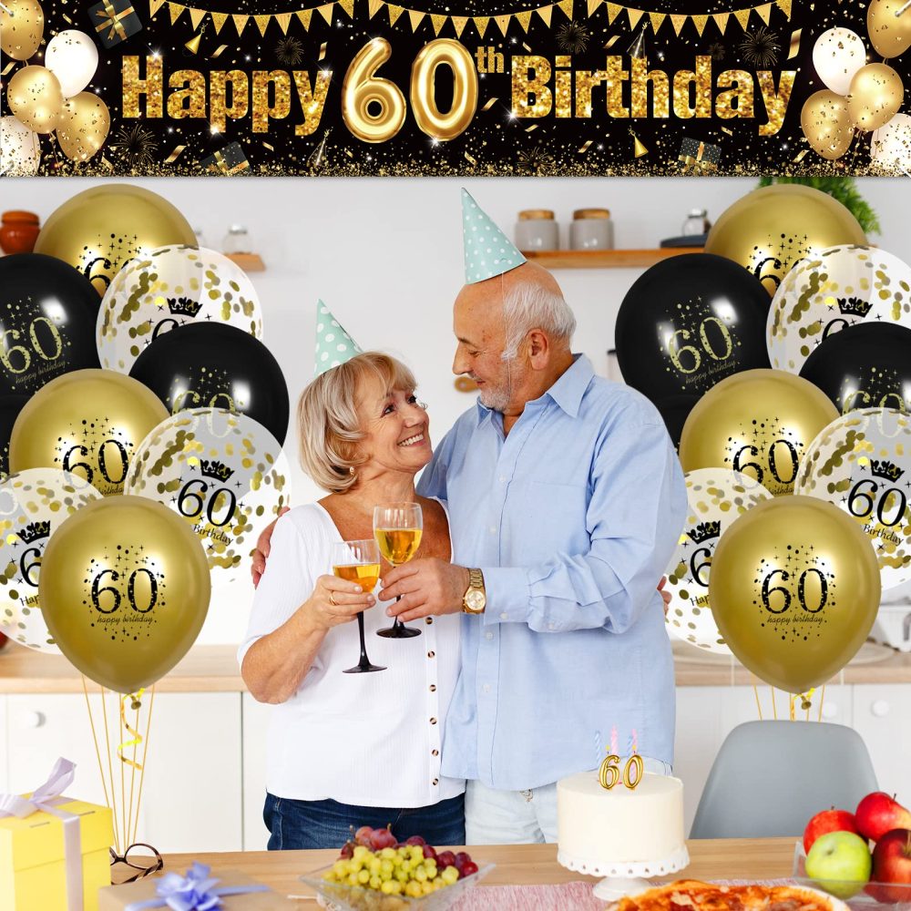 RUMIA 60th Birthday Decor for Black Gold, Black and Gold Birthday Yard Banner and 18 PCS 60th Happy Birthday Balloons for 60th Anniversary Birthday Party Supplies Yard Decor (49Q-2) - Image 3