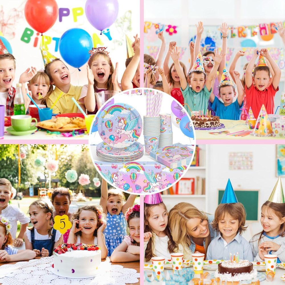 yosiio Unicorn Party Tableware Set, 16 Guests Unicorn Birthday Decoration Set, Party Supplies Paper Plates Cups Napkins Table Cloth Balloons for Kids' Birthday Baby Shower - Image 4