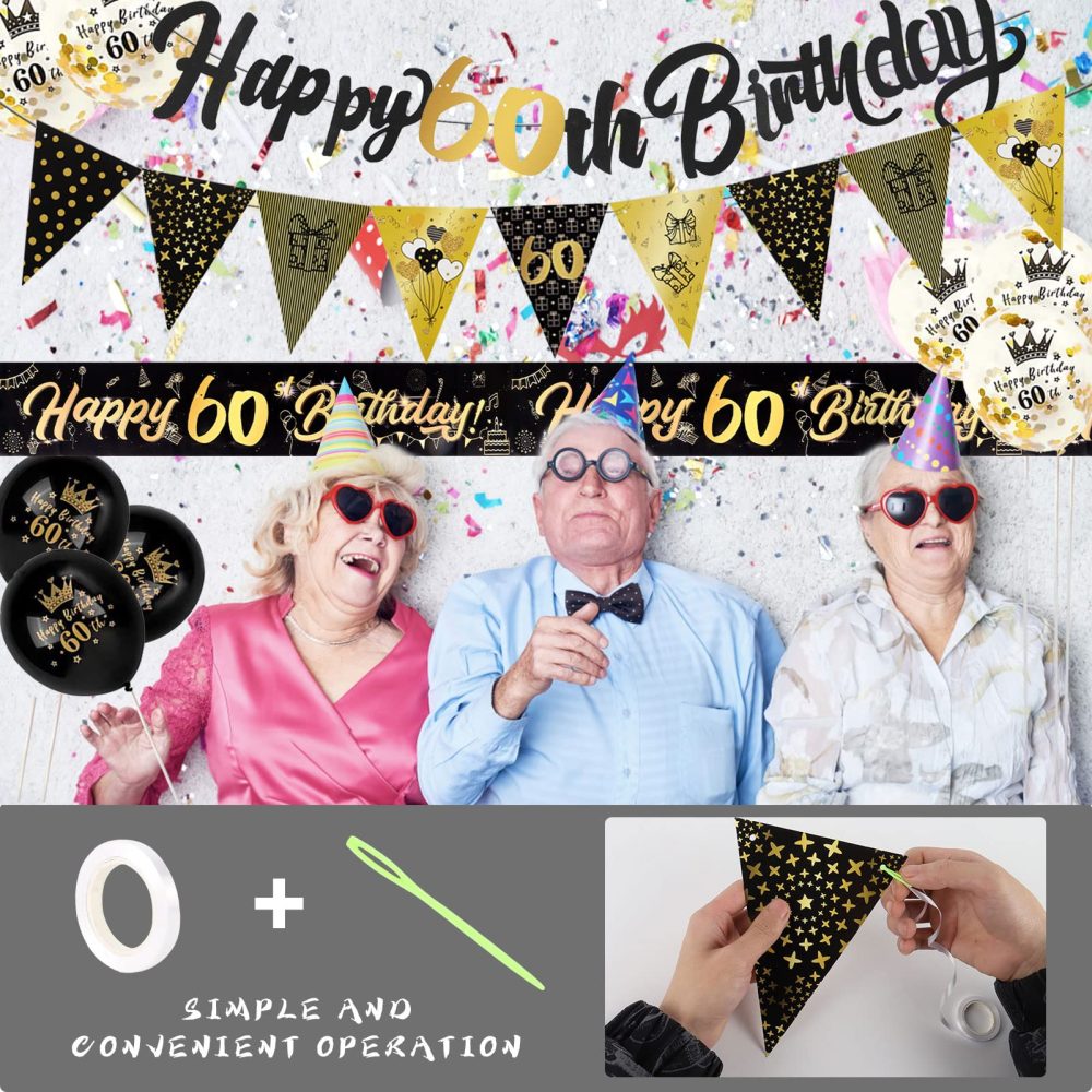 60th Birthday Decoration Kit, 13 Pieces Birthday Party Decoration Include Happy 60th Birthday Banner, Bunting, 12” Latex Printed Balloons, 9ft Banner for Women Men 60th Birthday Decorations Supplies - Image 6
