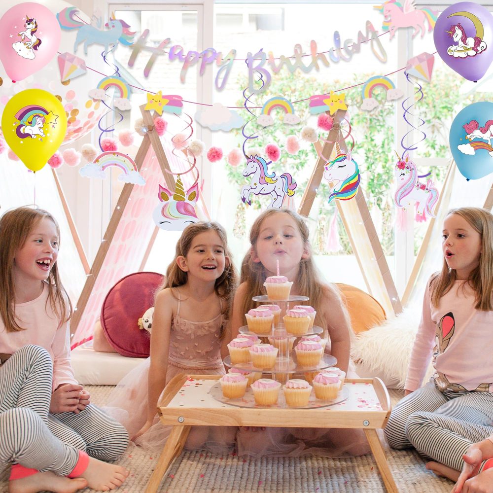 Unicorn Birthday Party Decorations Girl - 23 Pieces Happy Birthday Banner Pull Flower Double Hanging Swirl Unicorn Latex Balloons Unicorn Decorations for Girls Birthday Baby Shower Party Supplies - Image 2
