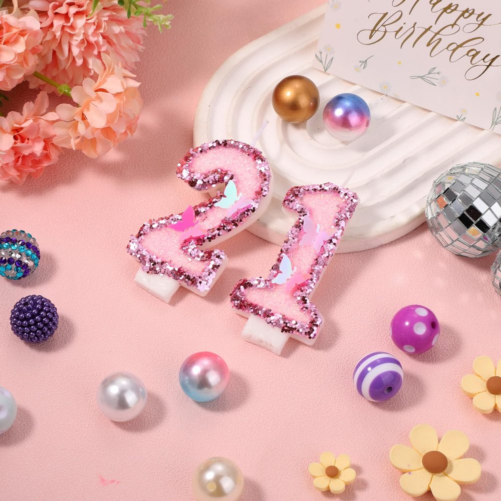 Girls Birthday Number 21 Candles, 2.95in Glitter Butterfly Happy Birthday Cake Toppers Pink Sequins Wedding Numeral Cupcake Decorations for Anniversary Celebration Party Supplies (21th) - Image 4