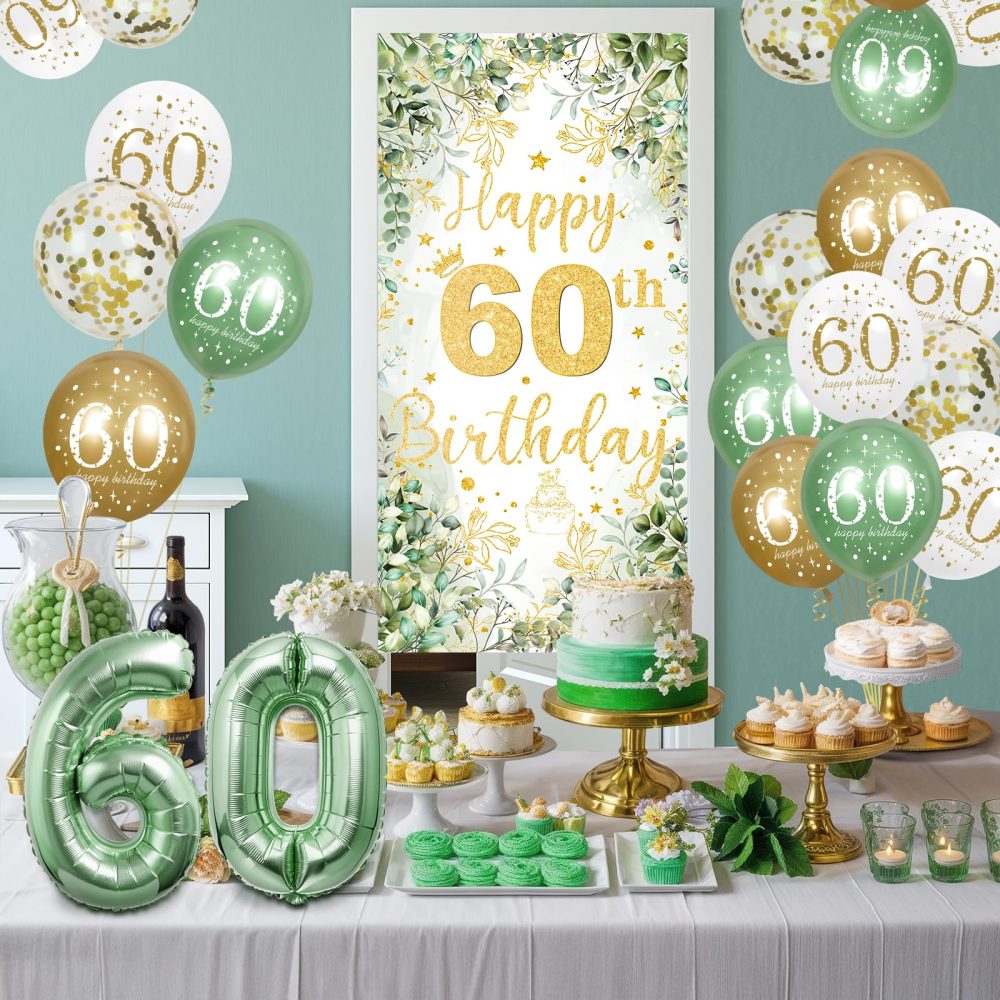 60th Birthday Party Decorations for Women Men, Sage Green Happy 60th Birthday Decorations Green Gold 60th Birthday Door Banner Number 60 Foil Balloons for 60 Year Old Birthday Party Decor Supplies - Image 6