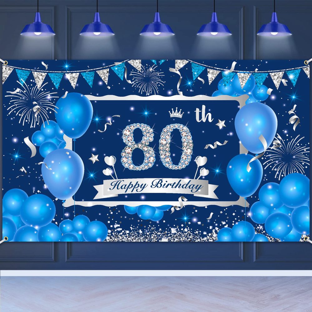 Blue 80th Birthday Decorations Banner for Men Women, Navy Blue Silver Happy 80th Birthday Banner Backdrop, Large Blue 80th Birthday Banner for 80th Birthday Anniversary Party Decorations Supplies