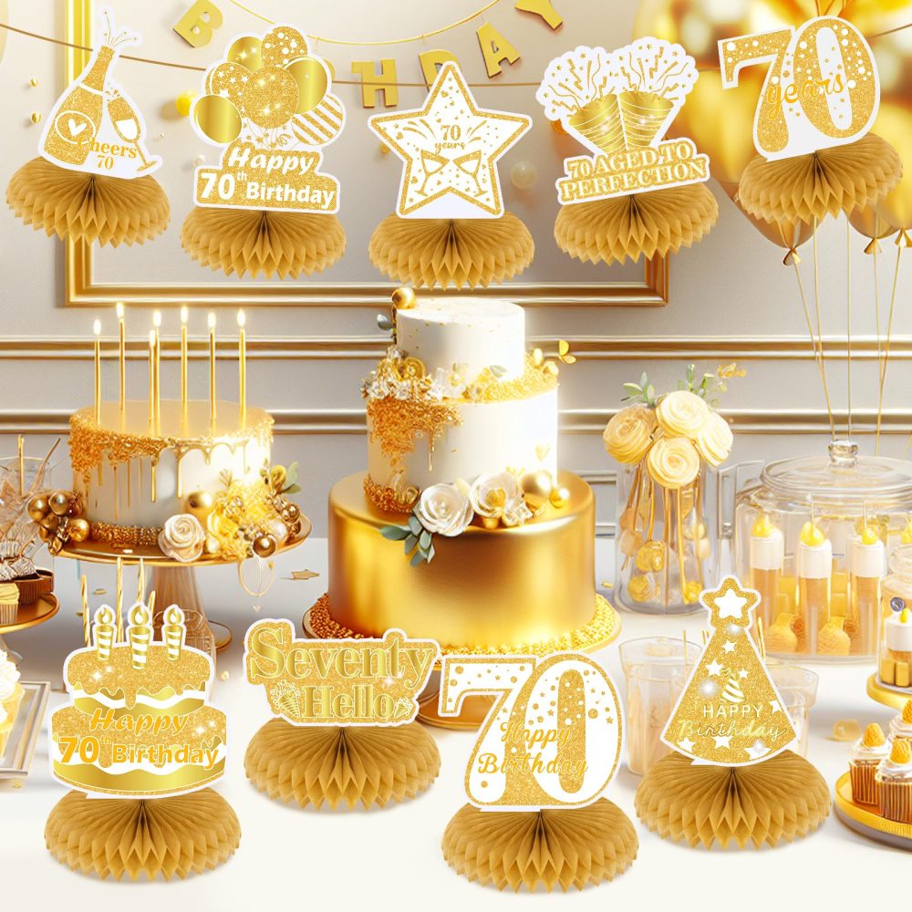 RUMIA 9Pcs White Gold 70th Birthday Decorations for Women White Gold Happy 70th Birthday Honeycomb Centerpiece for Women Men 70th Birthday Party Centerpiece Table Decorations Supplies - Image 7