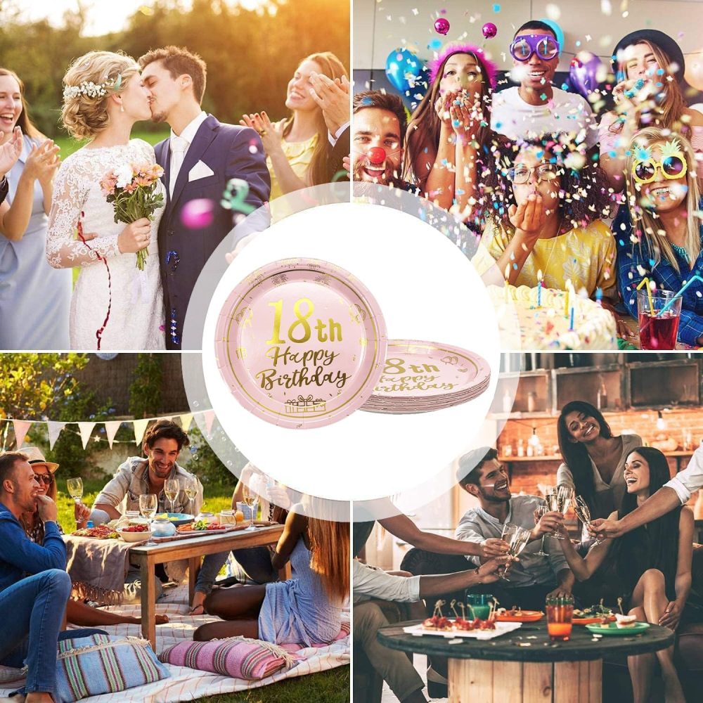 16Pcs Pink Gold 18th Birthday Paper Plates 7",Birthday Tableware Party Plate Disposable,Happy 18th Birthday Decorations Plates for Boys,Girls,Kids,Him,Her 18th Birthday Party Decorations Supplies - Image 2