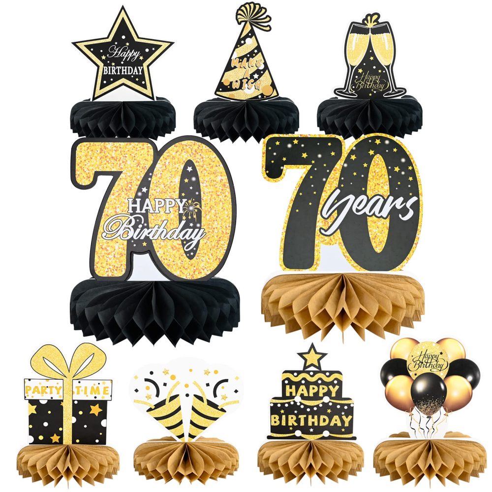 9Pcs 70th Happy Birthday Centerpieces, Black and Gold Happy Birthday Decorations, Happy Birthday Table Toppers for Men and Women, 70 Years Birthday Party Supplies (70 Years)