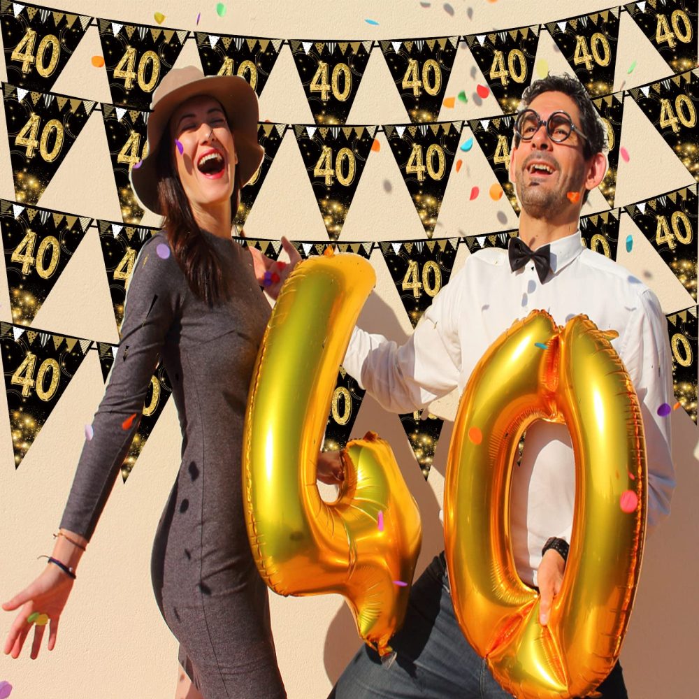 KTFNOMES Happy 40th Birthday Banner Bunting Flags Gold and Black Glitter Anniversary Party Decoration Supplies,40th Birthday Triangle Flag Banners for Men Women,7.1 x 10.2 inch,40 Pieces - Image 3