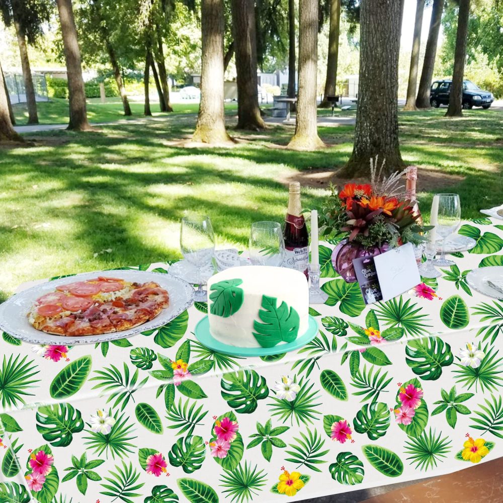 4 Pack Hawaiian Luau Tablecloths Tropical Palm Leaves Table Cloth Hawaii Disposable Plastic Rectangular Table Covers Aloha Summer Beach Pool Kids Birthday Tablecloth Cocktail Party Supplies 86 x 51 IN - Image 5