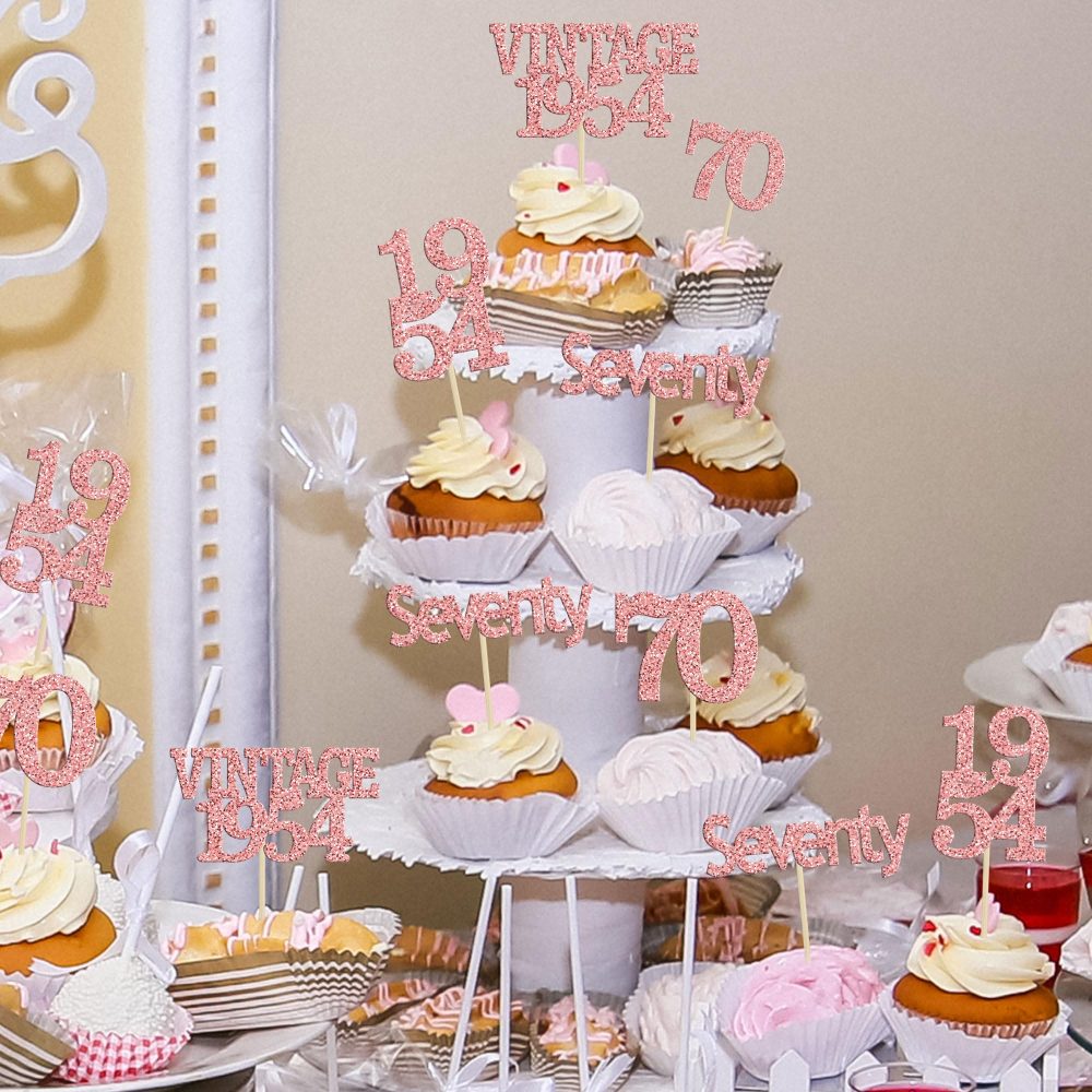 Gyufise 24Pcs 70th Birthday Cupcake Toppers Glitter Cheers to 70 Fabulous Seventy Vintage 1954 Cupcake Picks 70th Birthday Wedding Anniversary Party Cake Decorations Supplies Rose Gold - Image 3