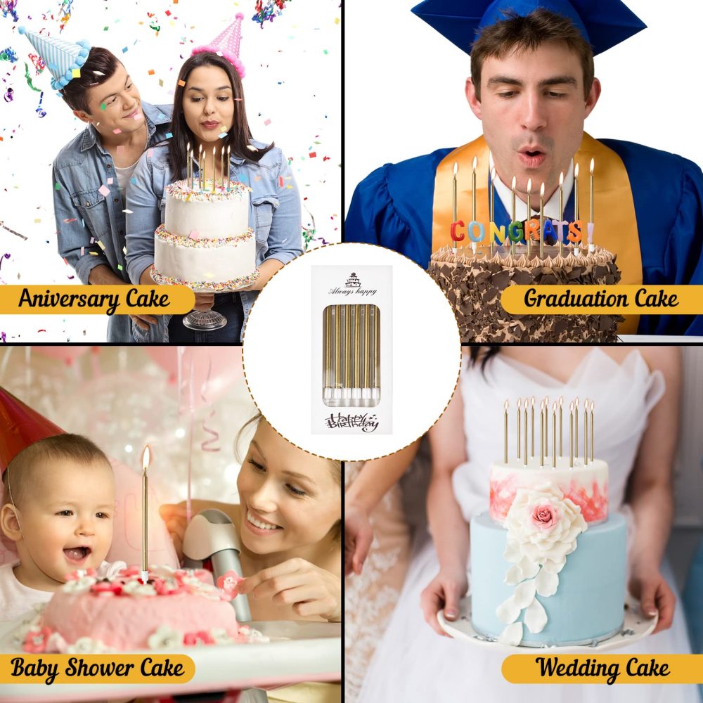 DONQL Birthday Cake Candles 24PCS, Tall Cake Candles, Long Birthday Candles, Thin Cupcake Candles with Holders for Birthday Cake Baby Shower Cake Wedding Party Decoration (24Pcs Champagne) - Image 2