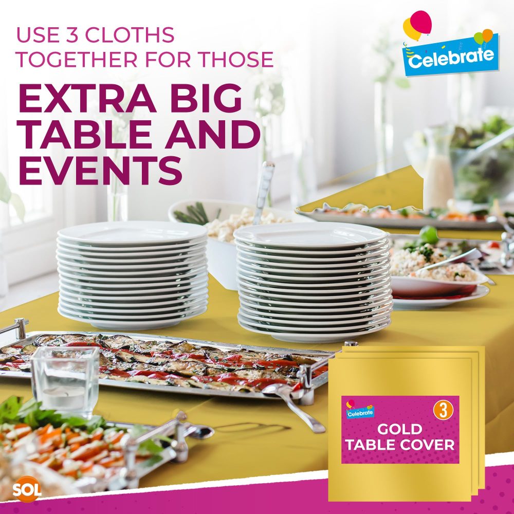 3pk Gold Table Cover | 121 x 121 cm Gold Party Table Cloth | Gold Plastic Table Cloth Gold Disposable Tablecloths For Parties Gold Table Cloths | Table Cover Gold Plastic Tablecloth | Gold Table Cloth - Image 3
