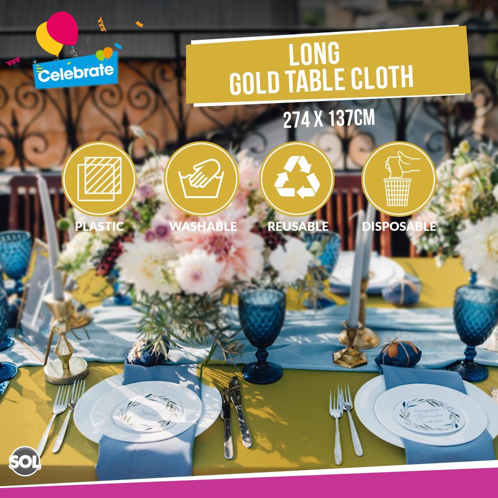4pk Long Gold Table Cloth Party | 274 x 137cm | Plastic Table Cover Party Table Cloth Disposable Tablecloths for Parties | Plastic Tablecloth | Gold Disposable Tablecloth | Gold Plastic Table Cloth - Image 5