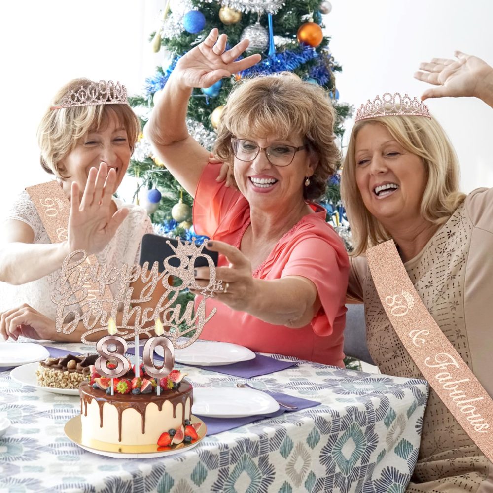 80th Birthday Decorations for Women, Including 80th Birthday Sash and Tiara/Crown, 80th Birthday Cake Topper and Candles, 80 Number Balloons, Rose Gold 80 Year Old Gifts for Women - Image 4