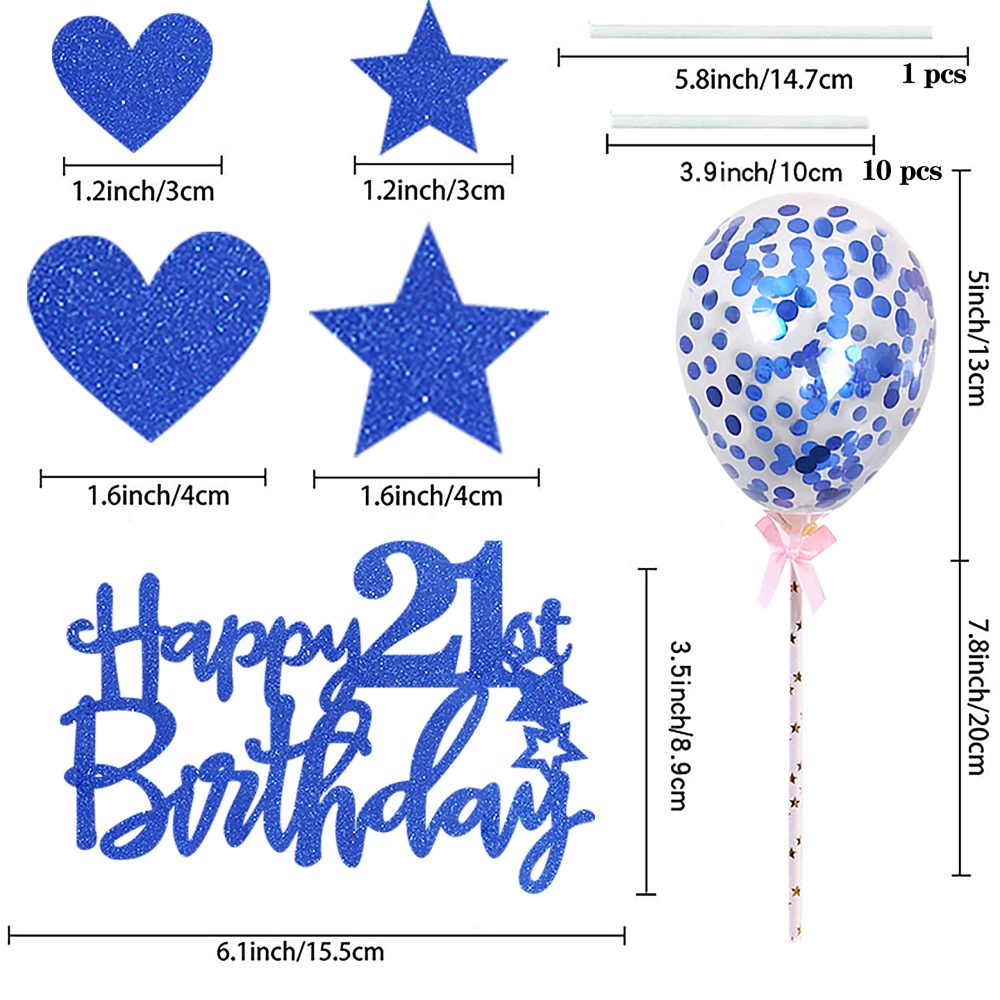Zayin Personalised Happy 21th Birthday Cake Topper Set,Happy Birthday Sign for Cake,11p Glitter Balloon Stars Heart Cupcake Topper 21th Birthday Cake Party Decoration(21 year old, Royal Blue) - Image 6