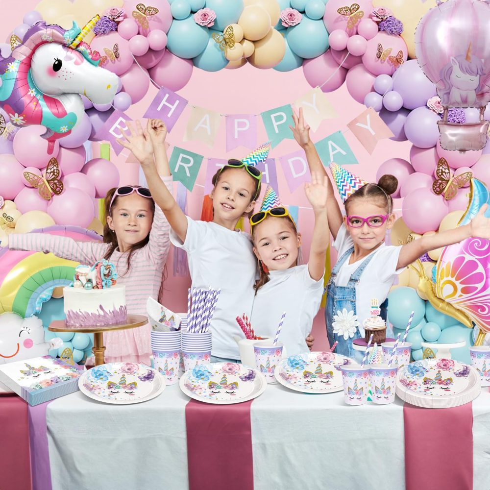 yosiio Unicorn Party Tableware Set, Butterfly Theme Party Supplies, Unicorn Birthday Decoration Set, Paper Plates with Butterfly Balloons for Kids' Birthday Baby Shower 16 Guests - Image 5