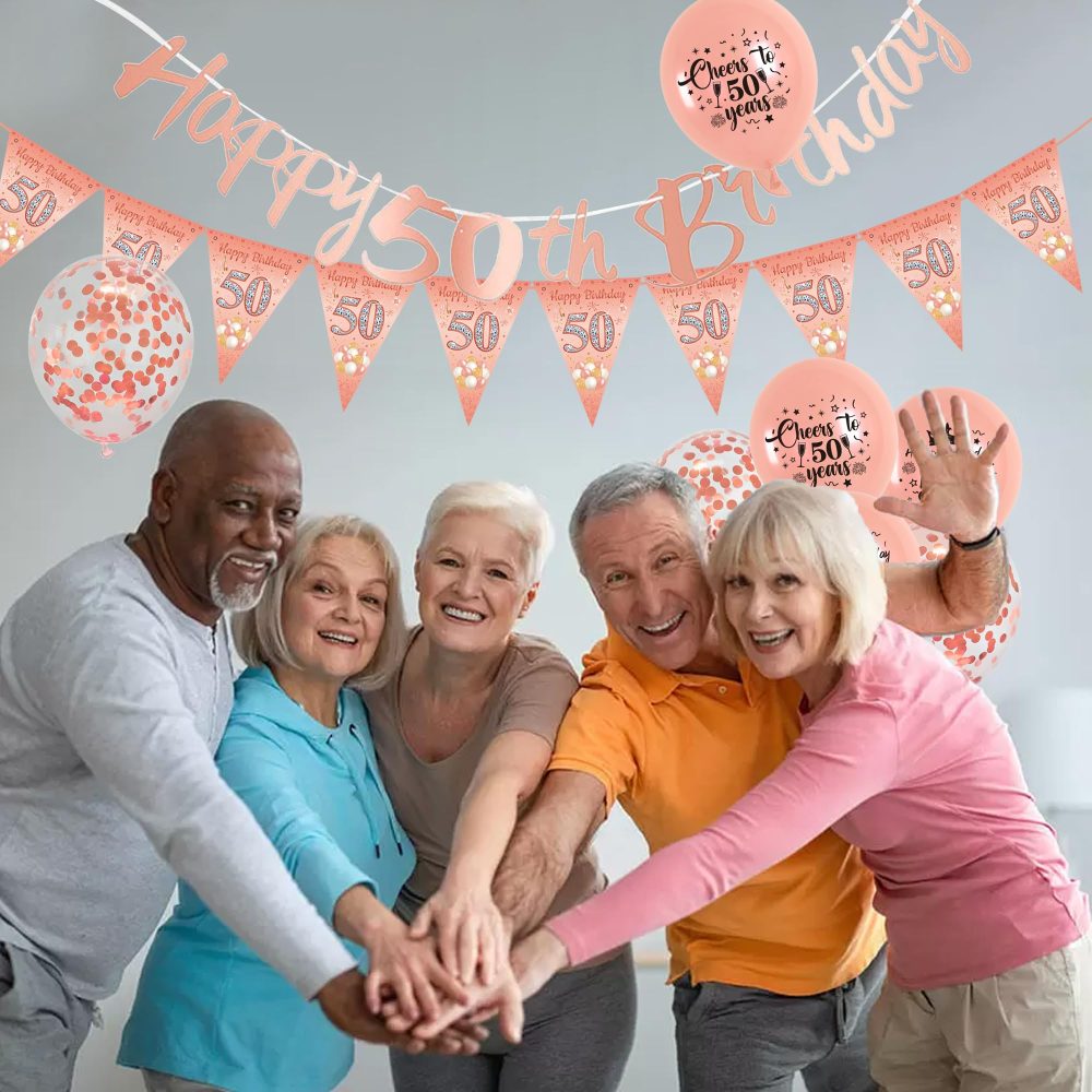 50th Birthday Decorations for Women - Rose Gold Happy 50th Birthday Banner Cake Topper Triangle Flag Sash Tiara Latex Confetti Balloons Party Decorations for Women Party Supplies - Image 4