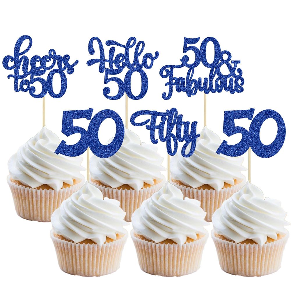30Pcs Happy 50th Birthday Cupcake Toppers Deep Blue Glitter Fifty Cheers to 50 Years Old Birthday Cupcake Picks for 50th Birthday Anniversary Party Cake Decorations Supplies