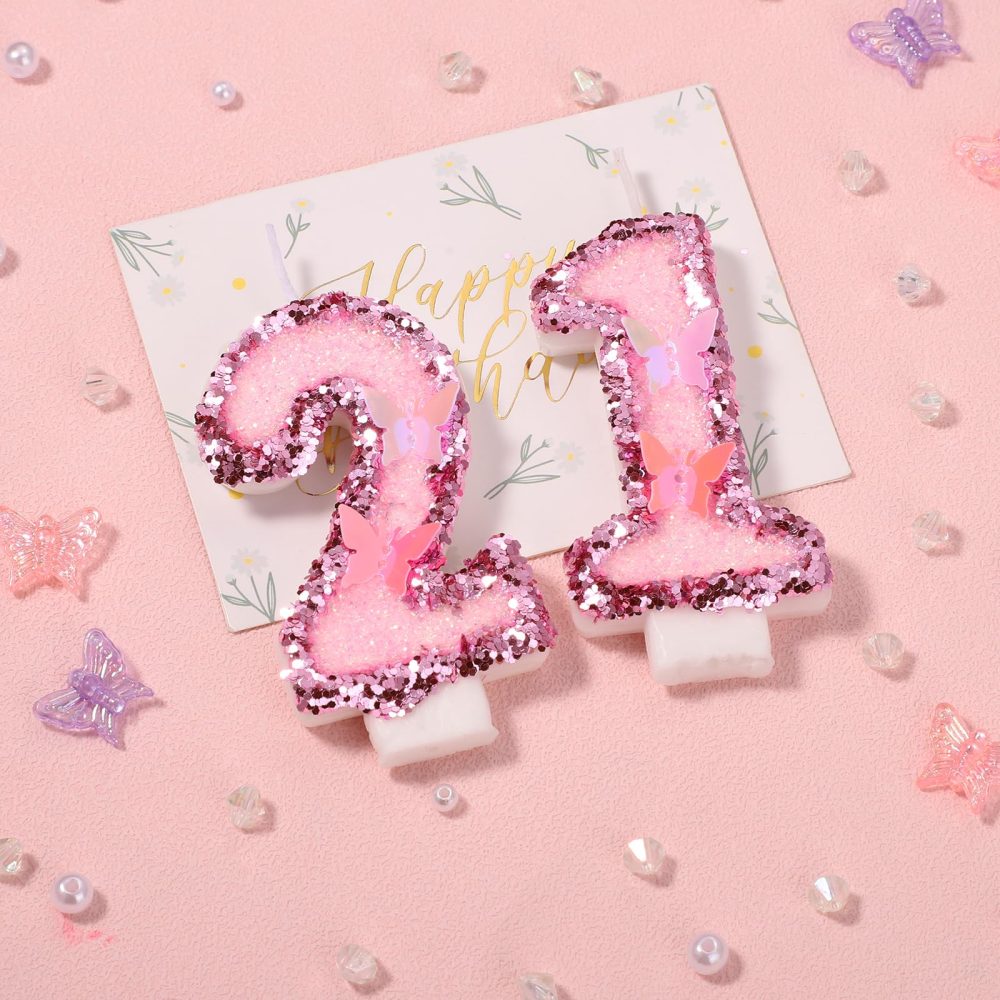 Girls Birthday Number 21 Candles, 2.95in Glitter Butterfly Happy Birthday Cake Toppers Pink Sequins Wedding Numeral Cupcake Decorations for Anniversary Celebration Party Supplies (21th) - Image 6