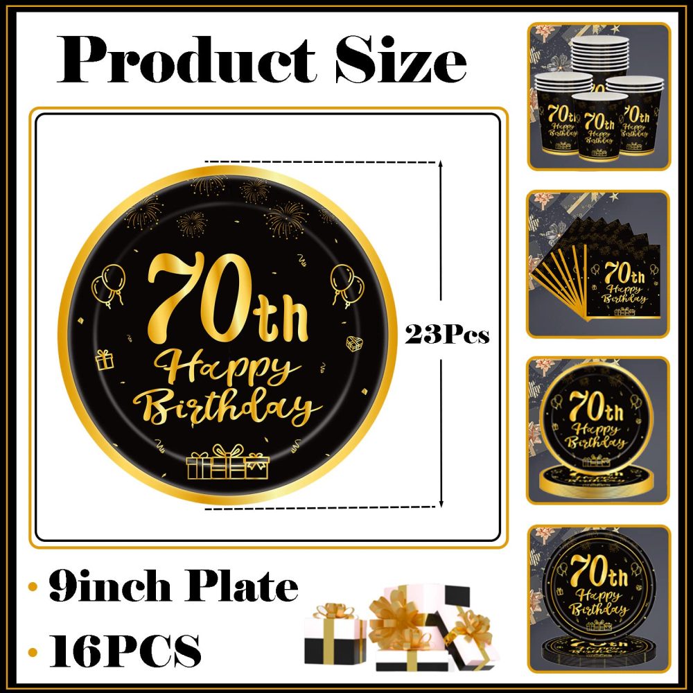 YAAVAAW Happy 70th Birthday Paper Plates 9”Black and Gold,16Pcs Tableware Party Plates,Happy 70th Birthday Decorations Plates for Women,Men,Him,Her 70th Birthday Party Supplies Table Decorations - Image 2