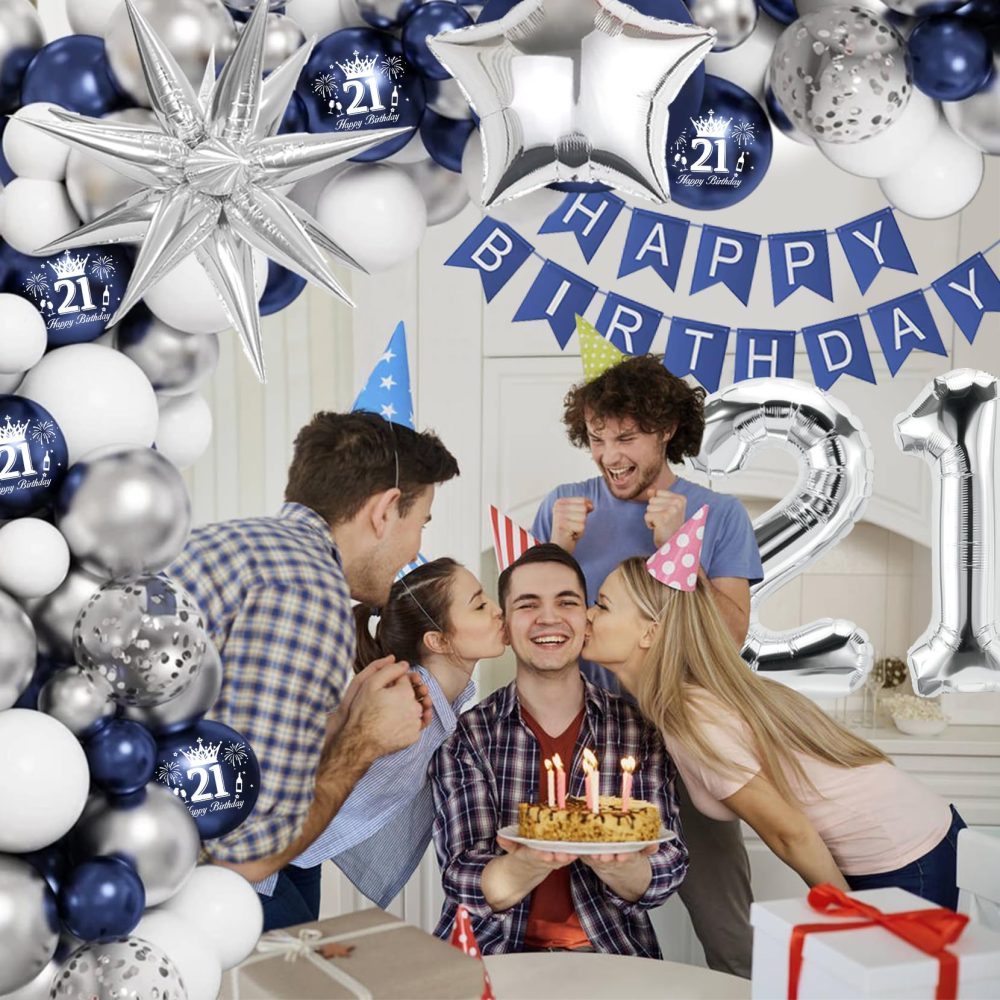 21st Birthday Decorations Blue Silver Balloons Arch Kit with 21 Number Star Foil Confetti Balloon Happy Birthday Banner Navy Blue and Silver Party Decor for 21st Boys Girls Men Women Anniversary - Image 5