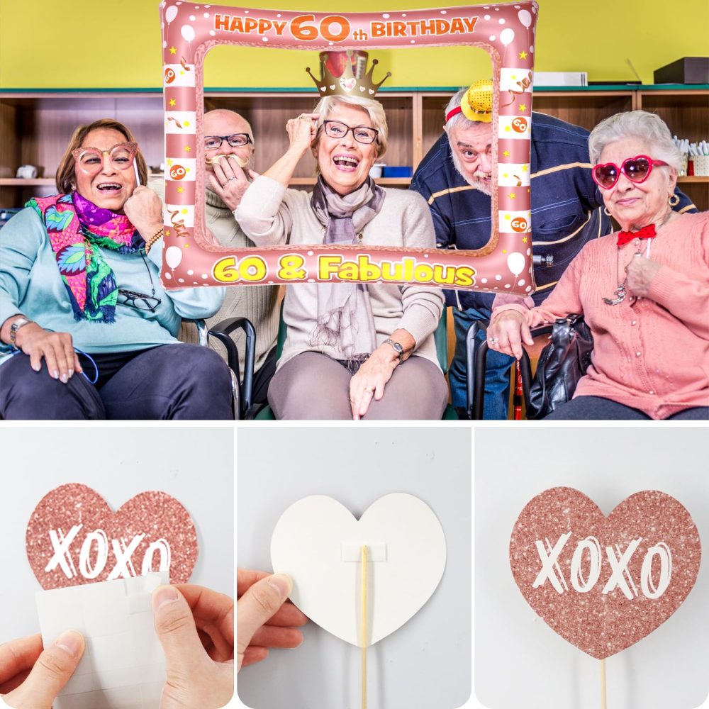 Newthinking 60th Birthday Photo Booth Props, Rose Gold Inflatable Selfie Frame Funny DIY Birthday Party Props for 60th Birthday Party Supplies Decoration - Image 5