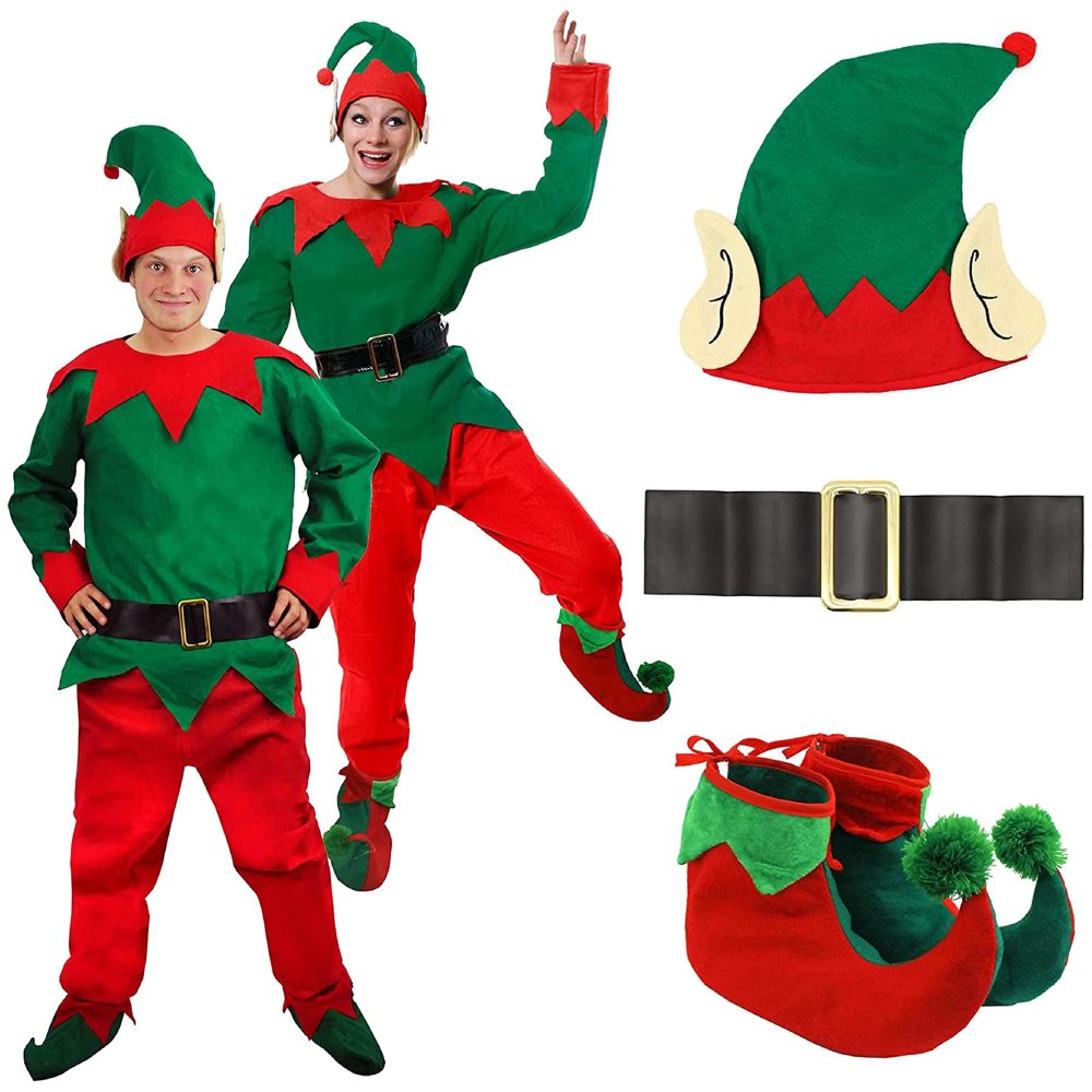 Adults Unisex Elf Costume - Adults Unisex Cheeky Elf Christmas Fancy Dress- Green Top + Red Trousers + Belt + Elf Hat With Ears + Deluxe Pom Pom Elf Shoes (Xx-Large | 22-24)