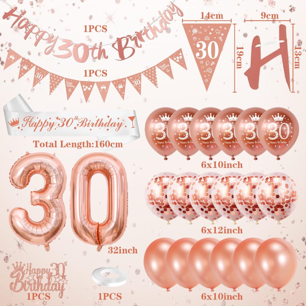 30th Birthday Decorations, Rose Gold 30th Birthday Decorations for Women,Happy 30th Birthday Banner Triangle Flag Bunting 30th Birthday Sash 30th Balloons Cake Topper for Birthday Party Decorations - Image 7