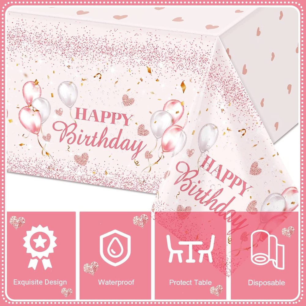 YAAVAAW 137 * 274cm Pink Happy Birthday TableCloth Tablecover for Girls Her Birthday Party,Pink Heart Birthday Dining Table Cover Plastic Tablecloths for Baby Girls Women Birthday Party Decorations - Image 6
